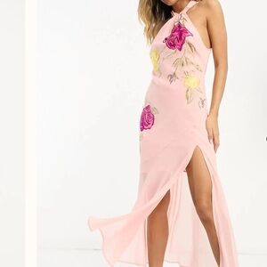 Embroidered Split Front Halter Midi Dress In Light Coral size 6